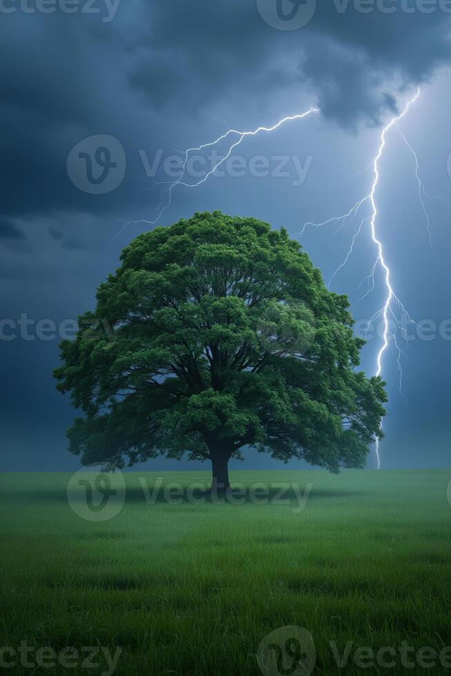 A green tree in a green field with a lightning strike in a cloudy sky, nature photography, dramatic lighting, storm background photo