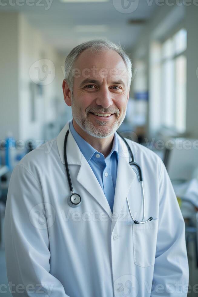 A close-up portrait of a confident male doctor wearing a white coat and stethoscope, standing in a hospital corridor with soft natural light photo