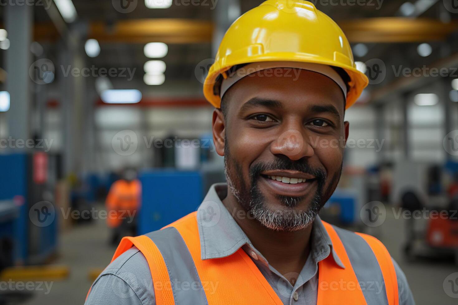 A Black man with a beard, wearing a yellow hard hat and an orange safety vest, smiling confidently. The background features industrial machinery and equipment photo