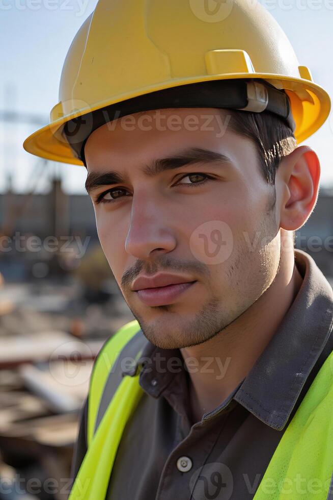A close-up portrait of a construction worker in a yellow hard hat and reflective vest, slightly dusty face, standing in front of a construction site photo