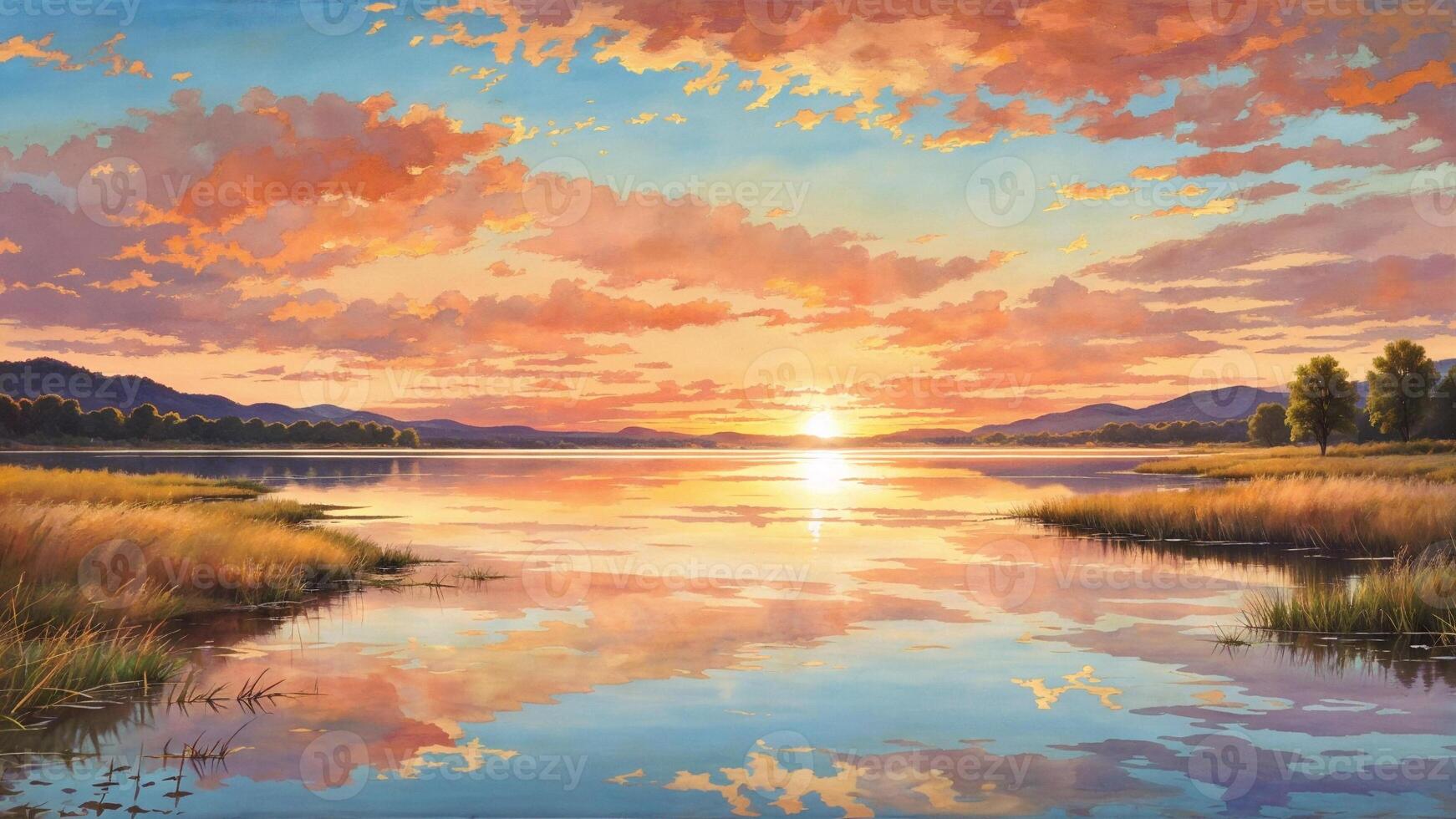 Illustration of A lake reflecting a sunset with orange and blue clouds, the sun is setting over the horizon, mountains in the background photo