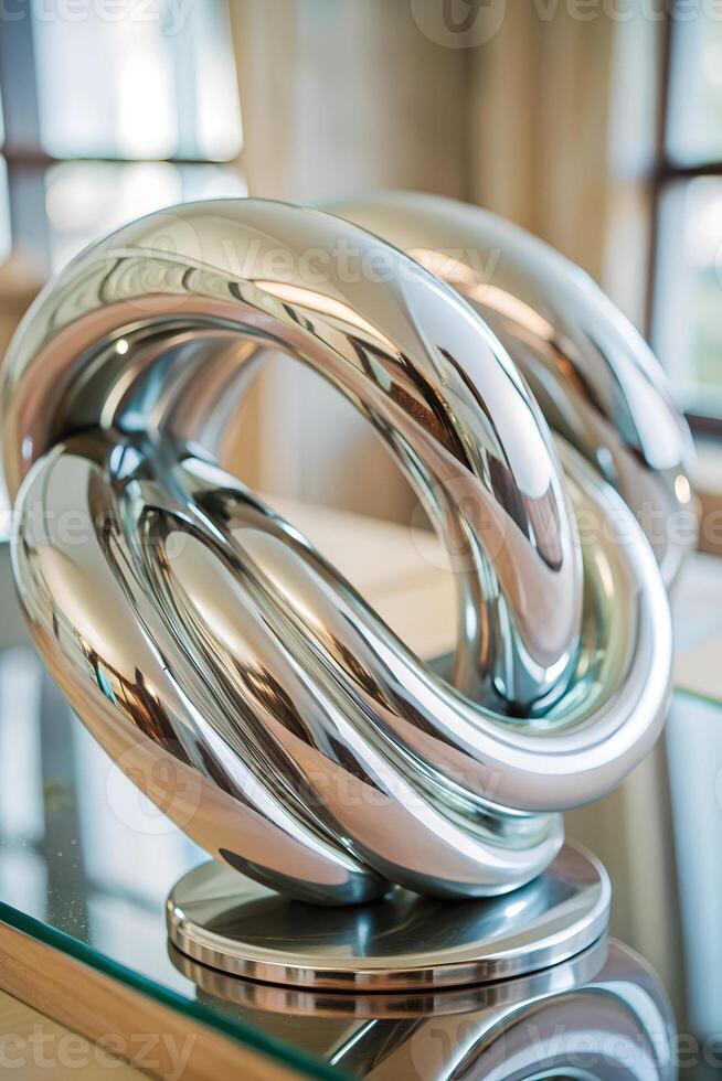 A shiny metal mobius strip knot on a glass table, in a room with a window and curtains in the background photo