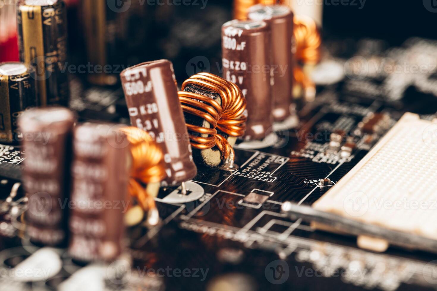Computer electronic circuit board with processor close up photo