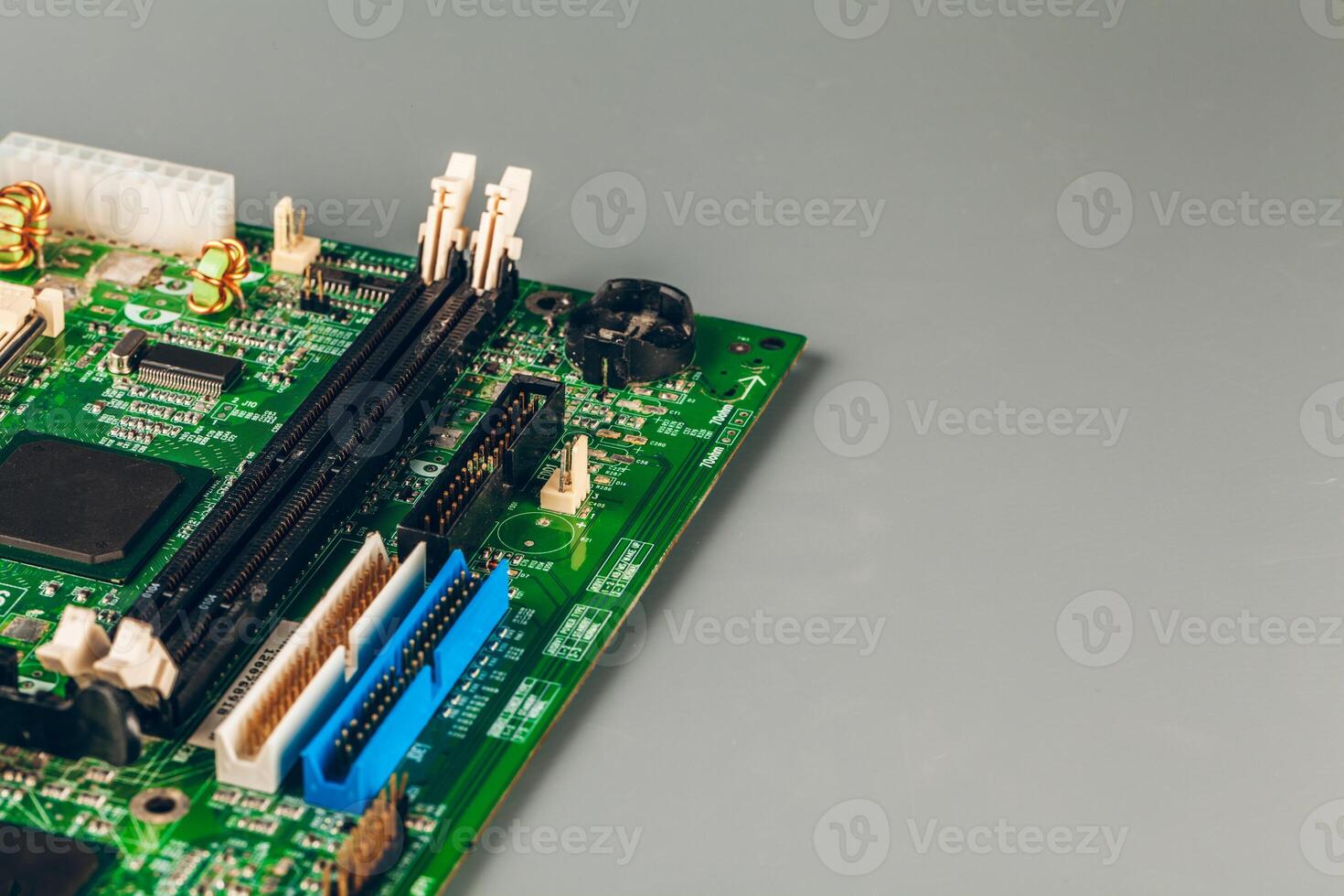 Computer electronic circuit board with processor close up photo
