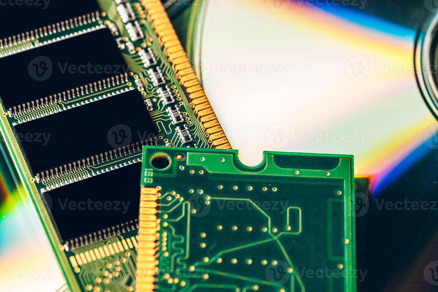 Green circuit board of a computer close up photo