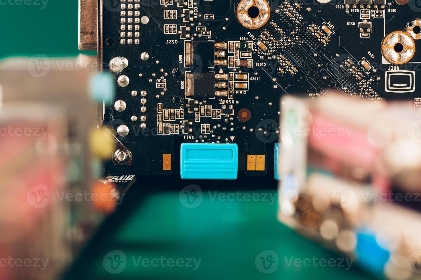 Computer electronic circuit board with processor close up photo
