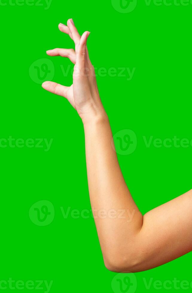 Person performing a hand gesture against a bright green background during a creative working session photo