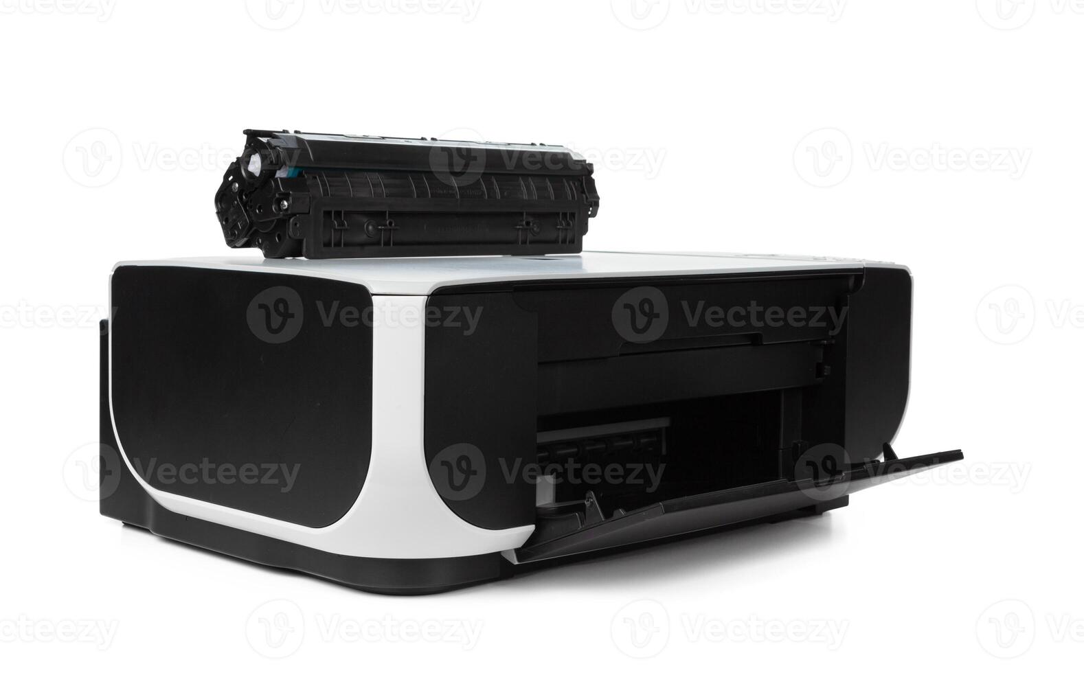 Black multi function printer isolated against a white background photo