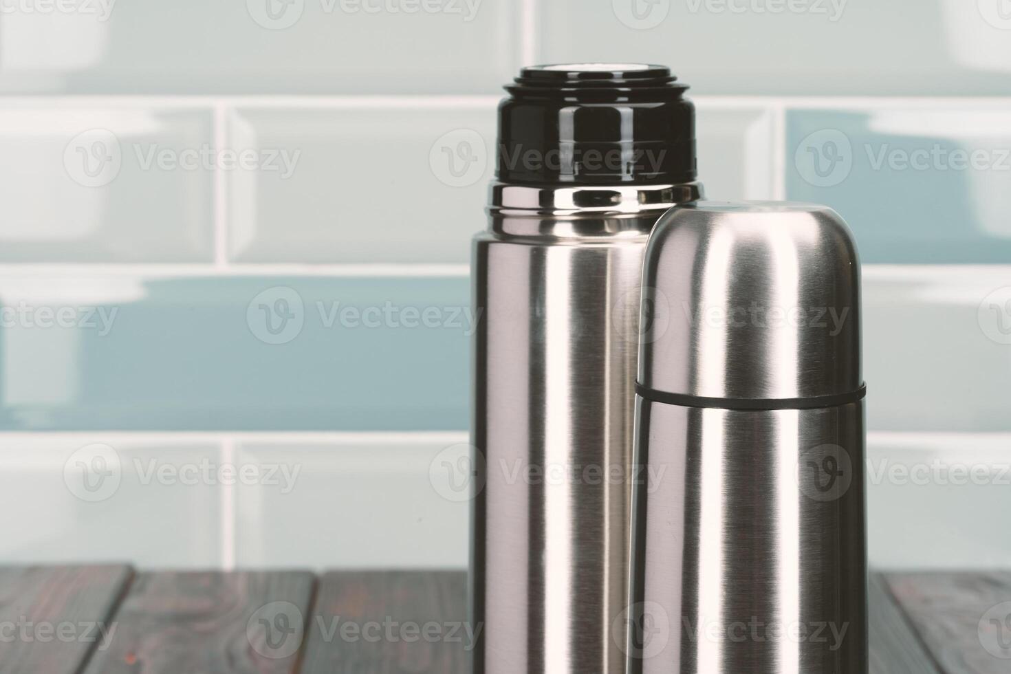 Aluminum metal thermos container bottle close up photo