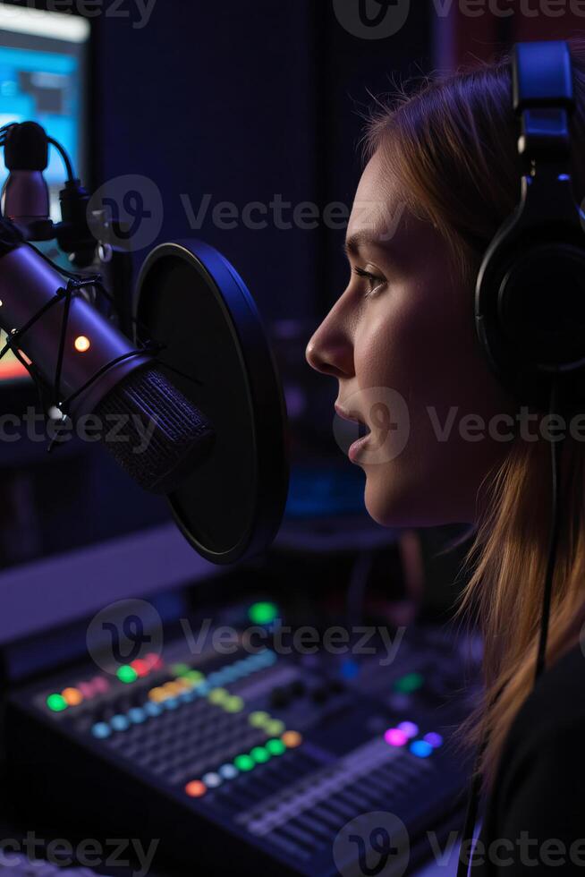 A close-up portrait of a radio host, with blond hair wearing headphones, speaking into a professional microphone in a dimly lit recording studio photo