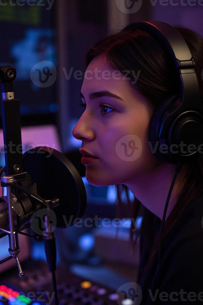 A close-up portrait of a radio host with black hair wearing headphones, speaking into a professional microphone in a dimly lit recording studio photo