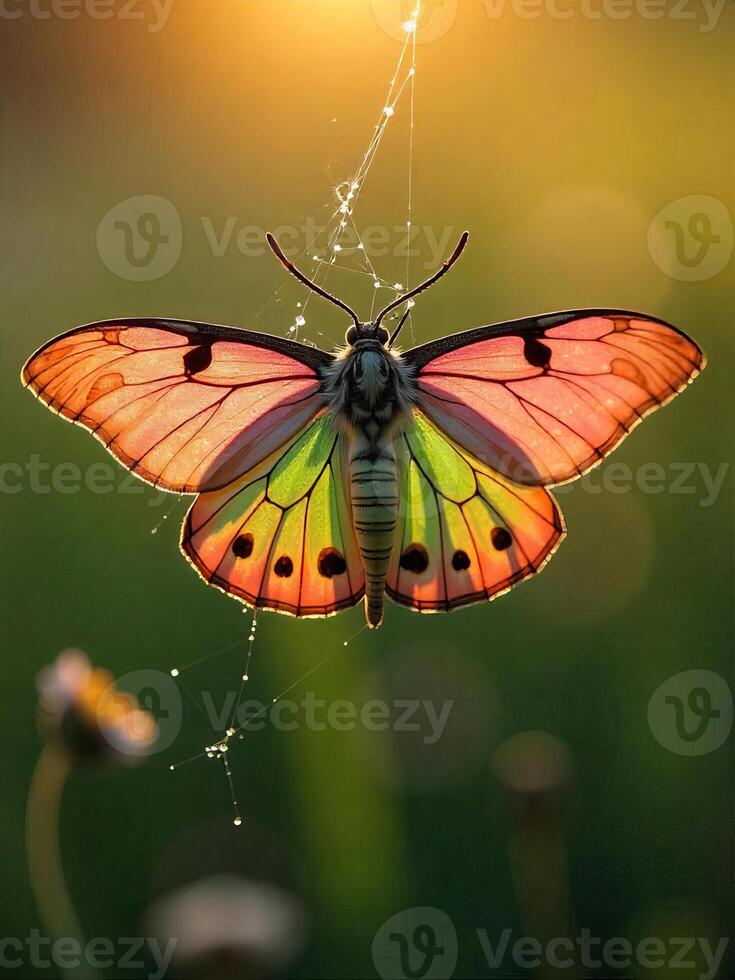 An Elephant Hawk Moth with bright pink and green wings seen through a dew-covered spiderweb in a misty morning meadow. photo