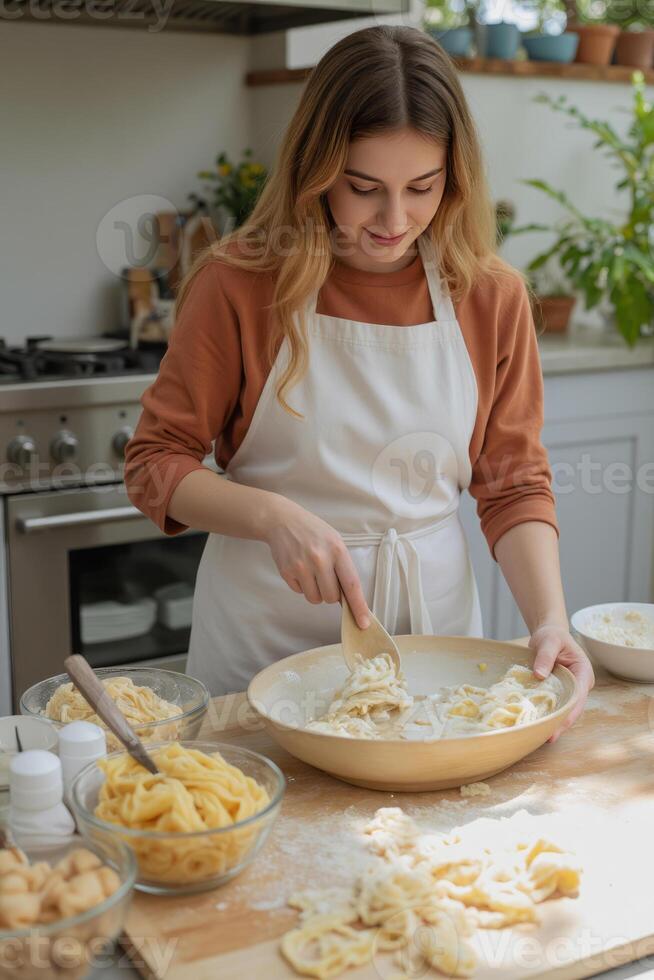 A young woman taking a cooking class in an outdoor kitchen, learning to make fresh pasta photo
