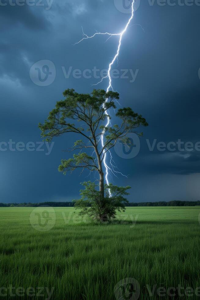 A tree struck by lightning in the middle of a green field under a dark cloudy sky photo