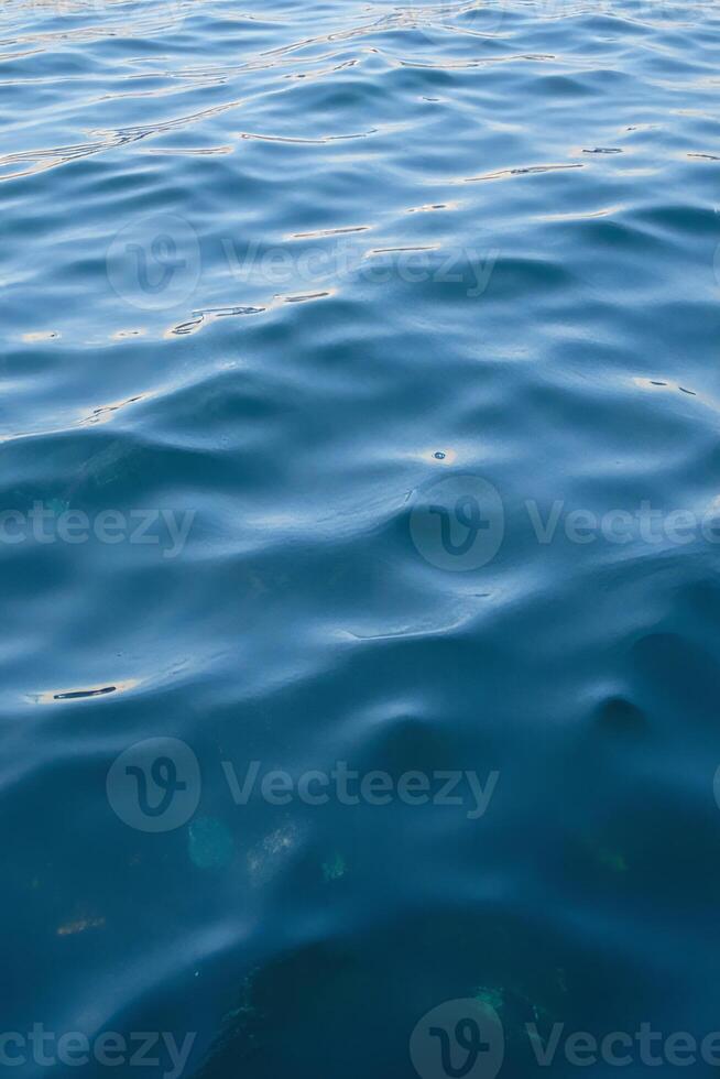 Blue ocean water with small waves, reflecting sunlight, creating a rippling pattern across the surface, suggesting a calm and open sea photo