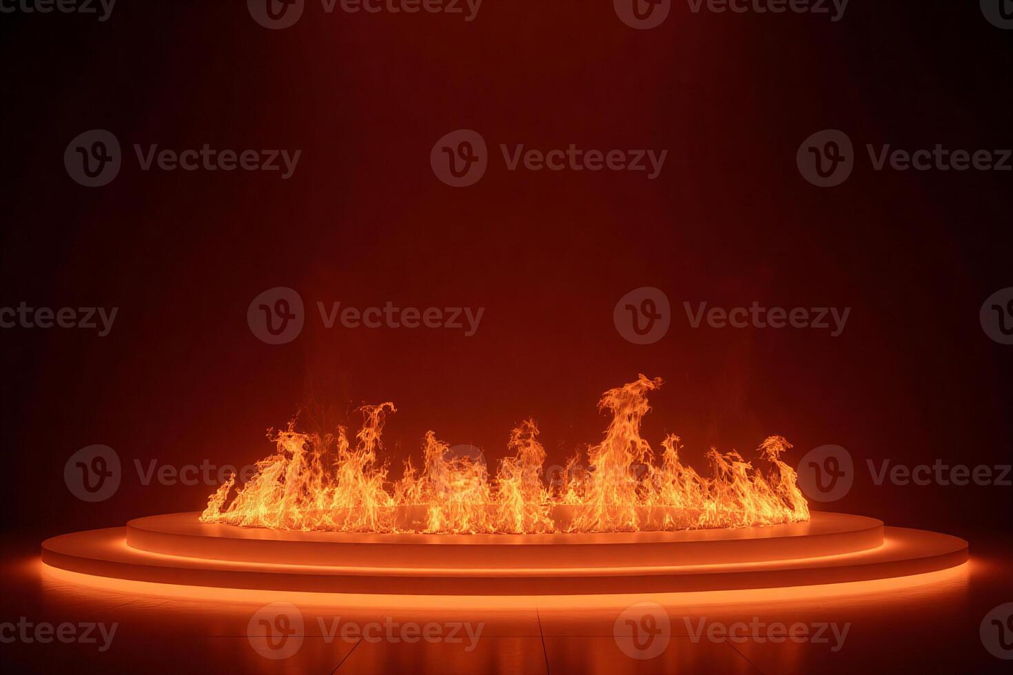 A ring of fire on a circular platform, the background is a solid dark red color, the fire is bright orange and yellow photo