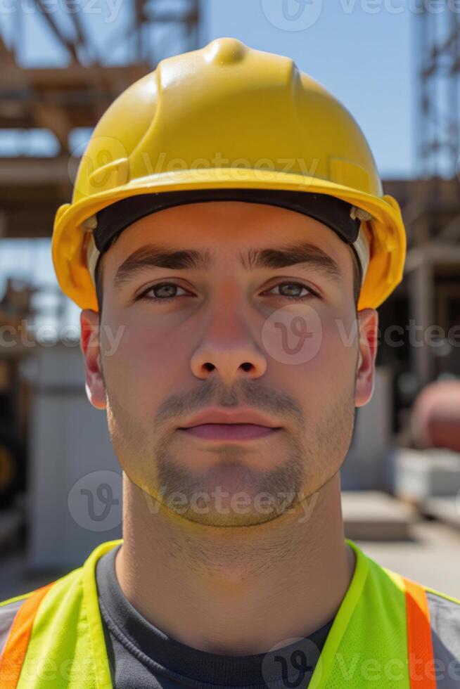 Front view, A close-up portrait of a construction worker in a yellow hard hat and reflective vest, slightly dusty face, standing in front of a construction site photo