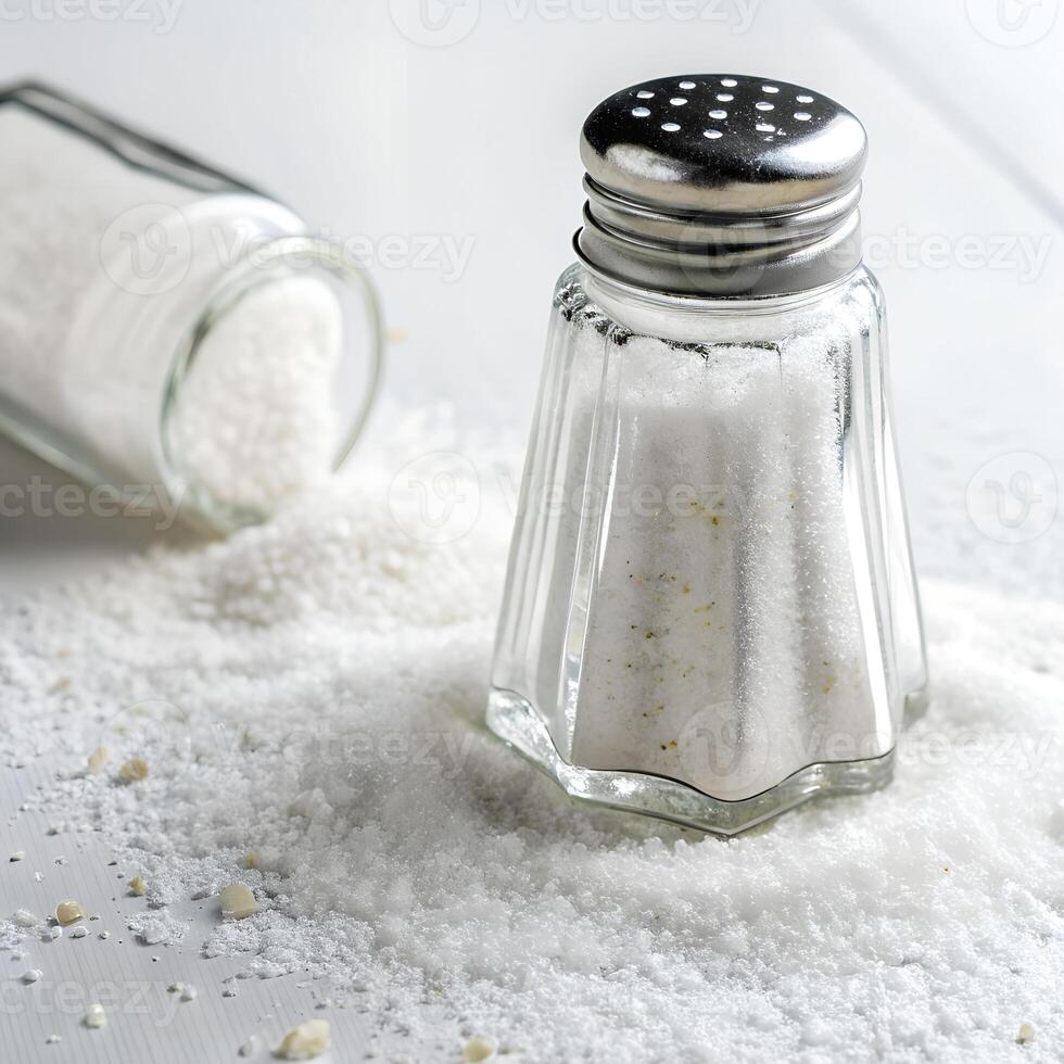 A salt shaker with visible granules inside on white background photo
