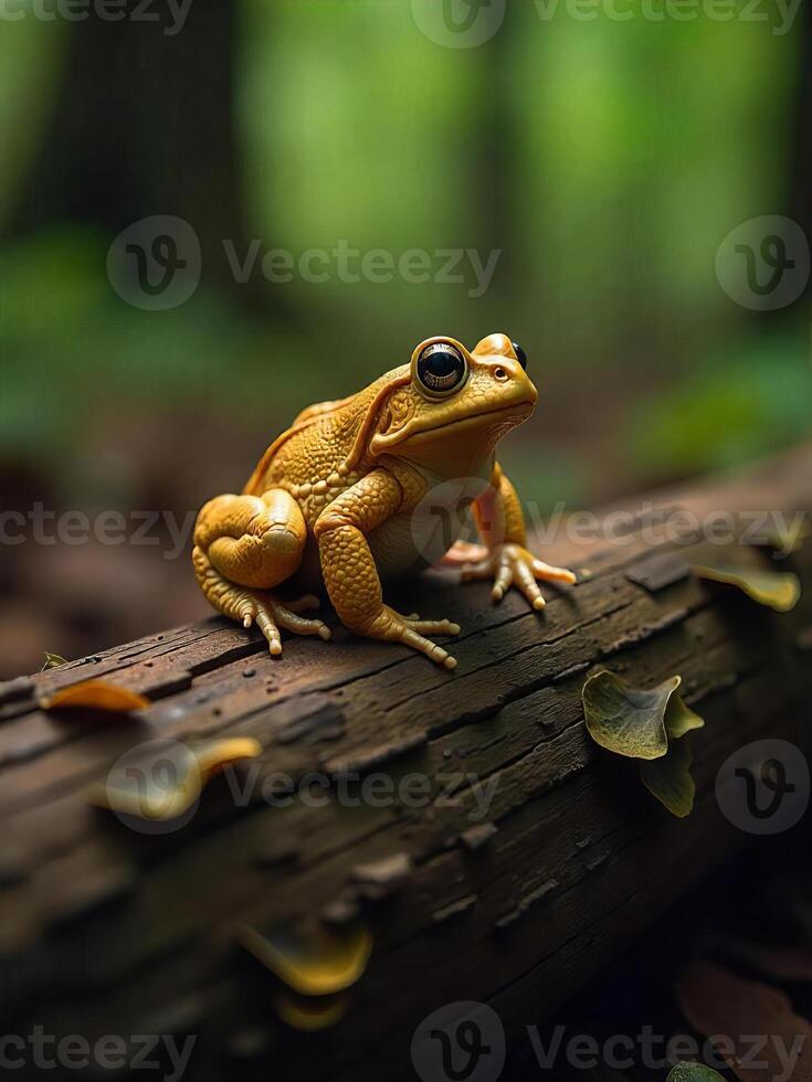 A golden toad sitting on a large, decaying log covered in fungi in a damp, shaded forest. The toad's golden color provides a stark contrast to the dark, earthy tones of the environment photo