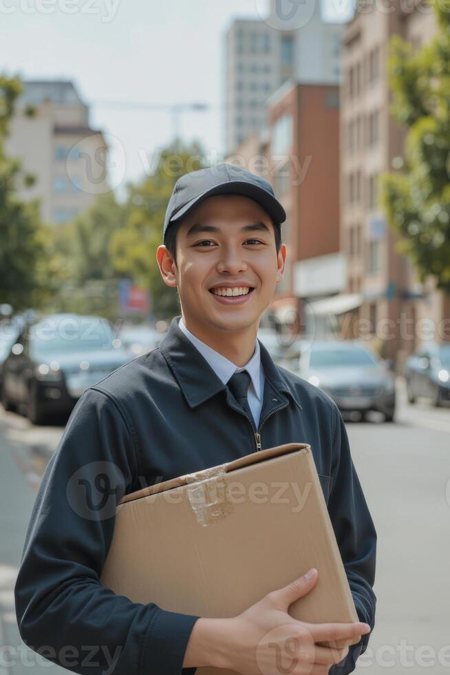 A close-up portrait of a cheerful delivery worker wearing a cap and uniform, holding a package with both hands photo