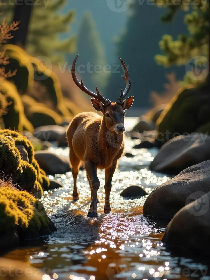 A saola walking along a rocky stream bed in the mountains, with moss-covered stones and a cool, shaded environment photo
