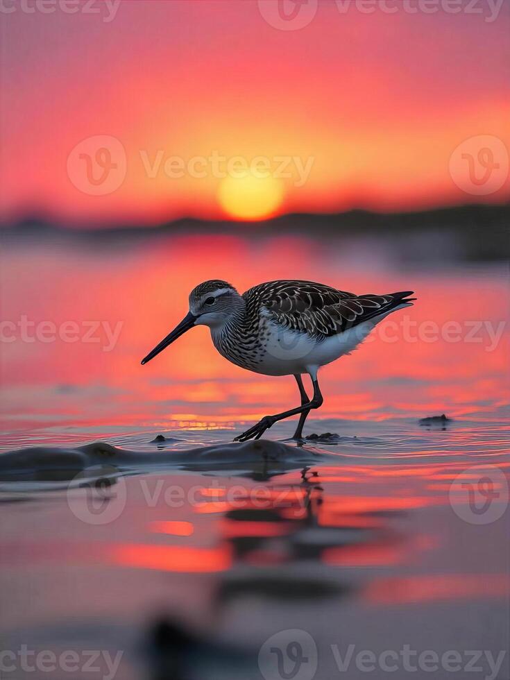A spoon-billed sandpiper foraging on a muddy tidal flat during a vibrant sunset photo