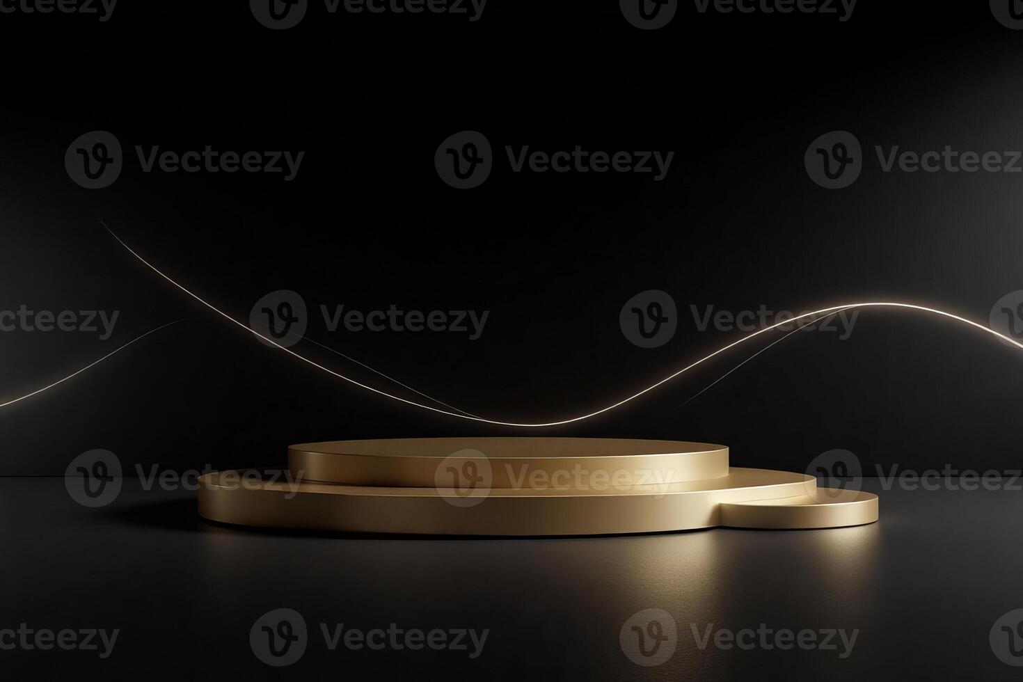 Golden podium with three levels and a golden line floating in the air, black background photo