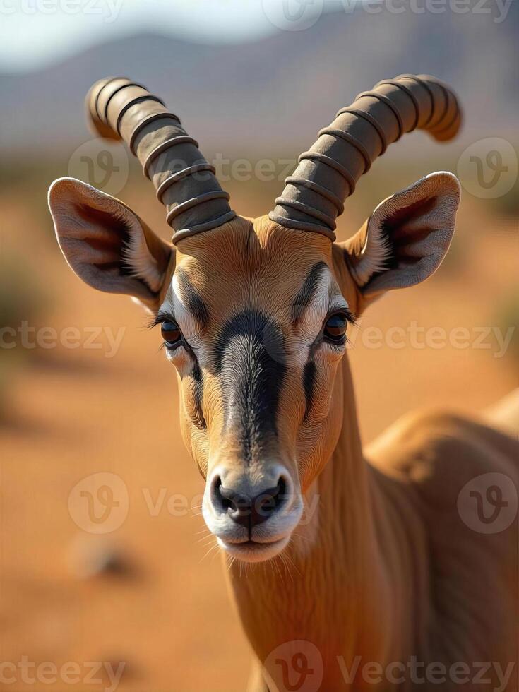 A close-up portrait of an addax, showcasing its distinctive spiral horns and patterned face, with a blurred desert background photo