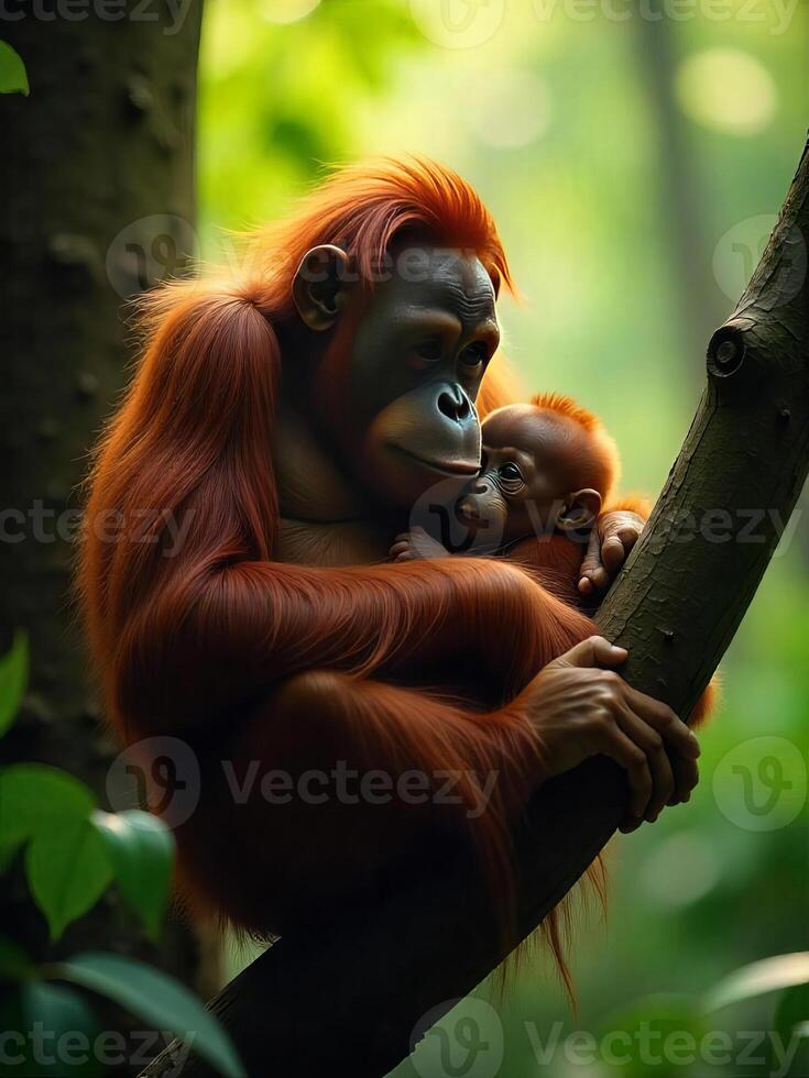 A Sumatran Orangutan mother cradling her infant, perched high in a fruiting tree in the Sumatran jungle during the rainy season photo