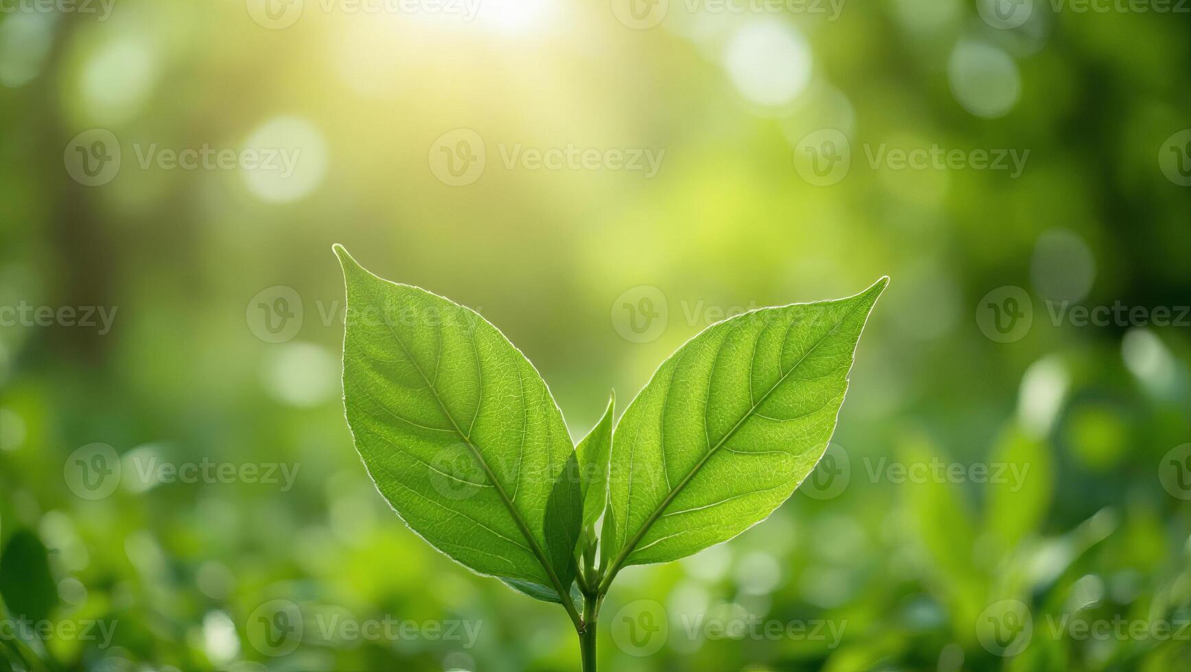 Two green leaves sprouting from a stem, illuminated by sunlight, with a blurred green forest in the background photo