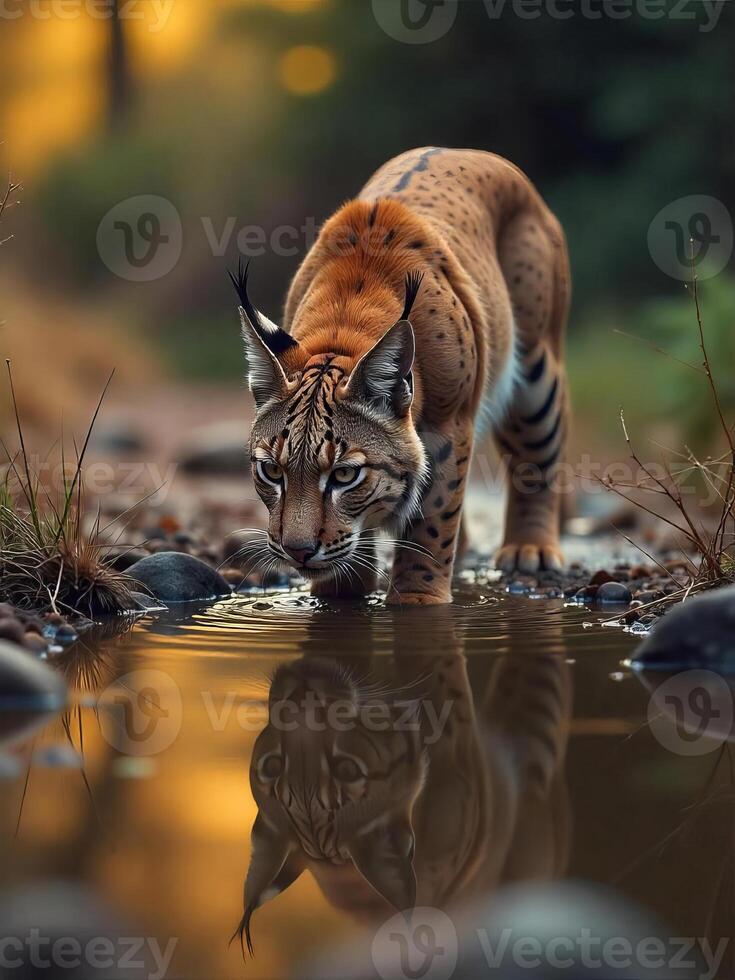 Iberian Lynx drinking from a stream in a shaded ravine on a hot summer day, reflection in water, parched landscape, thirst, survival instinct photo
