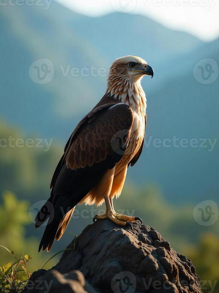A Philippine Eagle standing on a rocky outcrop, surveying its territory on a clear, sunny morning in the Philippine highlands photo