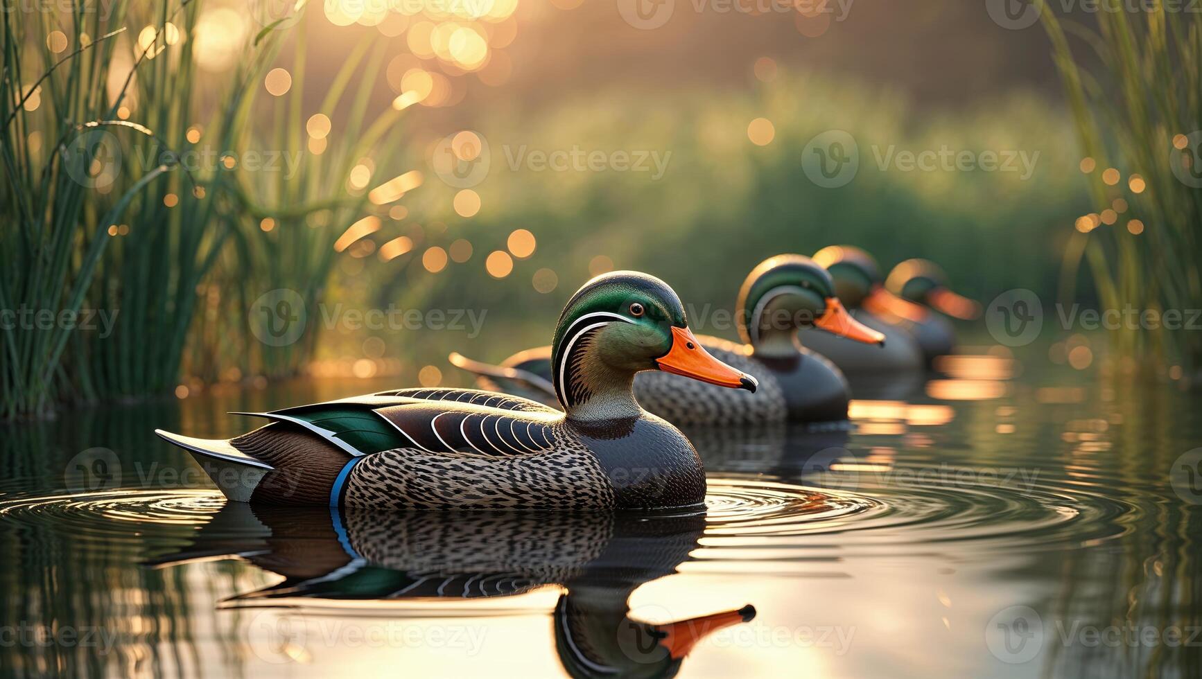 Colorful ducks swimming gracefully in a serene pond at sunset near lush green reeds photo
