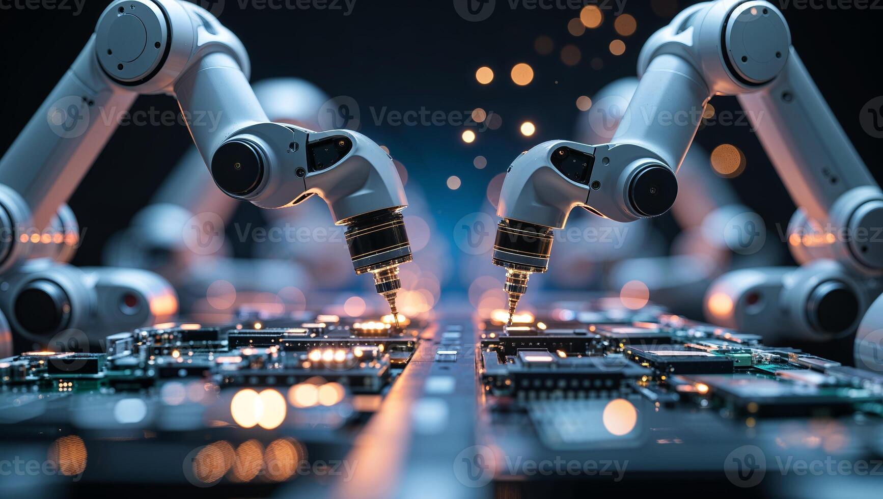 Advanced robotic arms assembling electronic circuits in a modern manufacturing facility photo