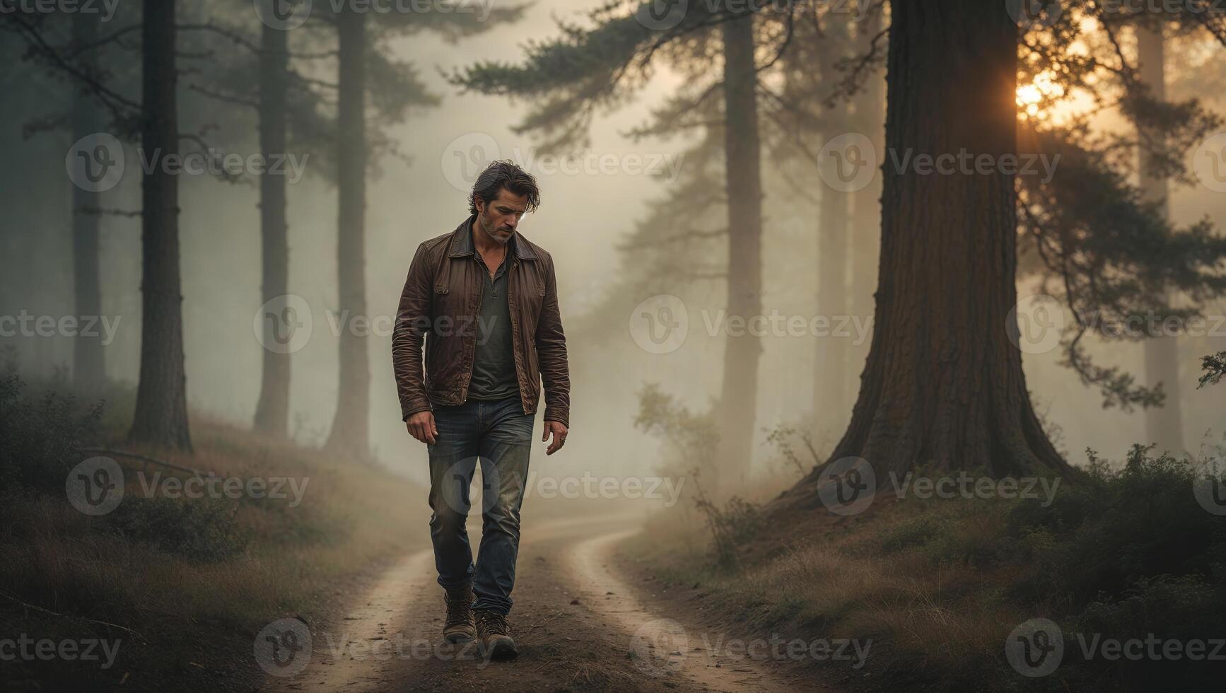 Man walking alone on a misty forest path at sunset with tall trees and a serene atmosphere photo