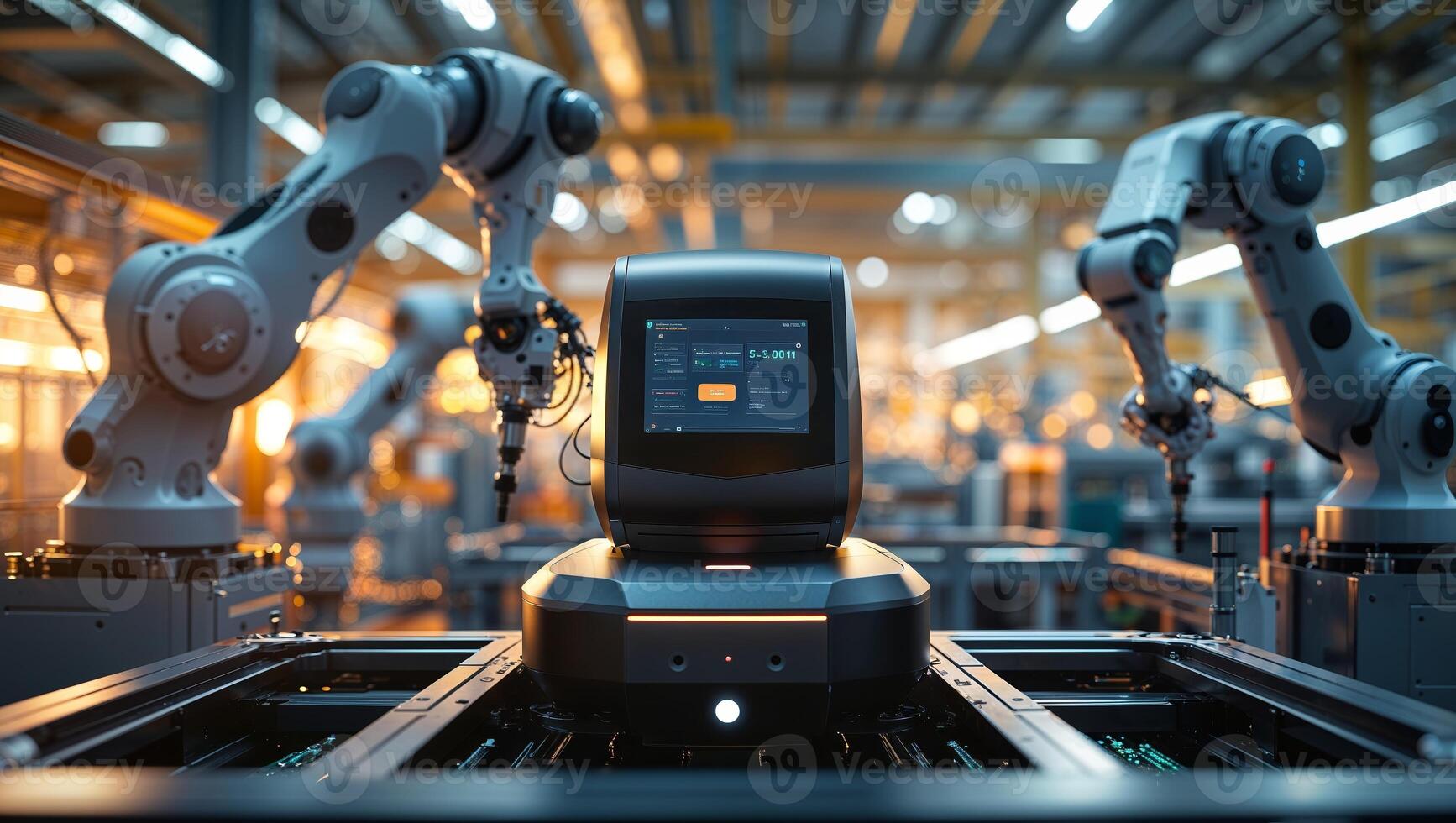 High-tech robotic arms and smart control unit working in modern automated factory at dusk photo