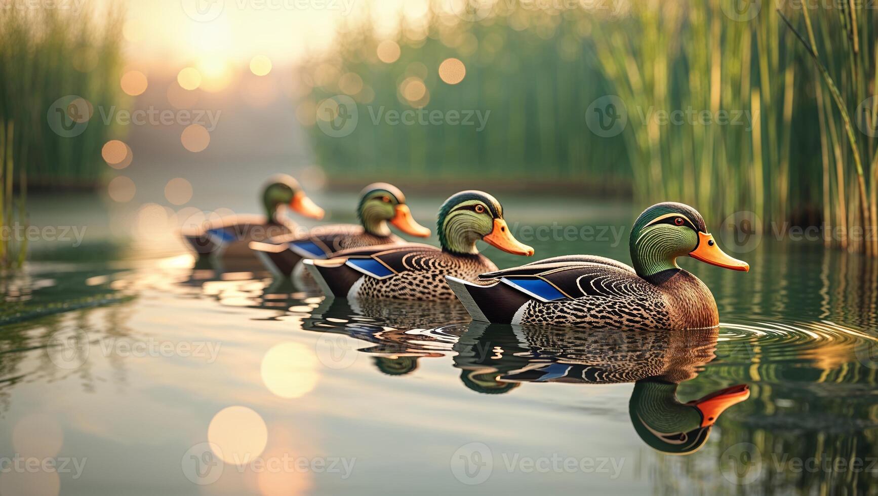 Ducks swimming in a serene pond during early morning with sunlight reflecting on the water surface photo