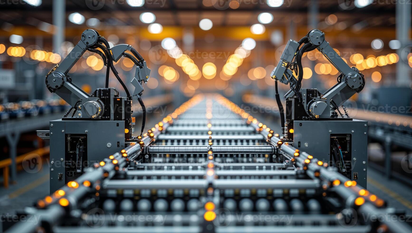 Automation in a modern warehouse showcasing robotic arms handling packages on a conveyor belt system photo