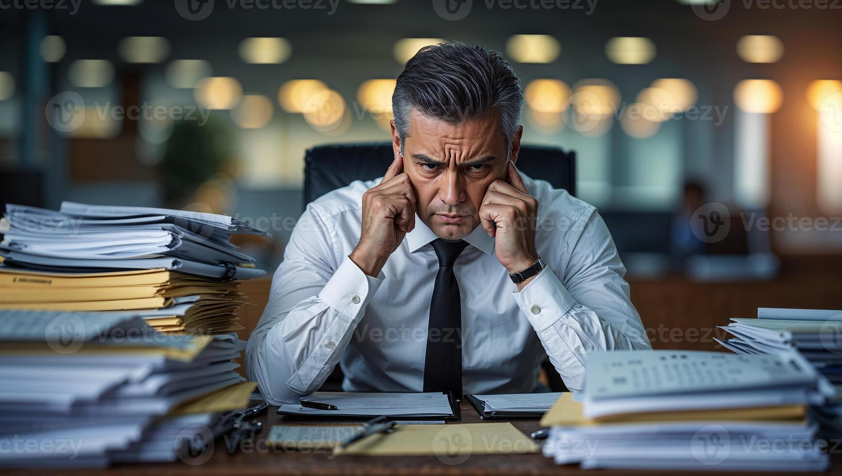 Stressed businessman sitting at desk surrounded by paperwork in modern office environment during late afternoon photo