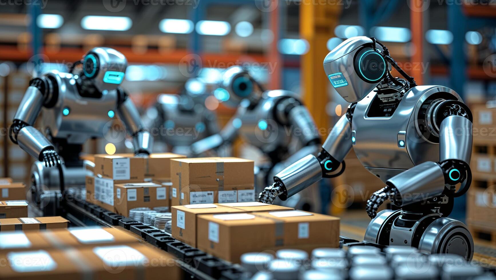 Robots sorting packages in an automated warehouse during daytime operations photo