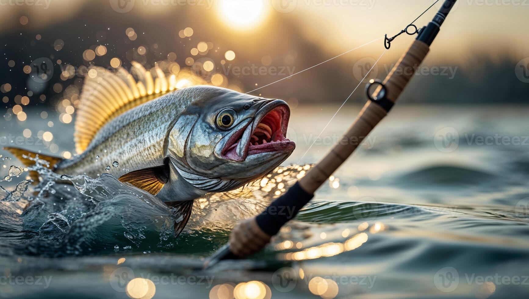 Catching a large fish at sunset while fishing in a serene lake during a calm evening photo