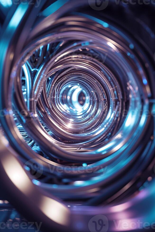 Circular metallic structure with blue lighting creates a mesmerizing tunnel effect in a modern setting photo