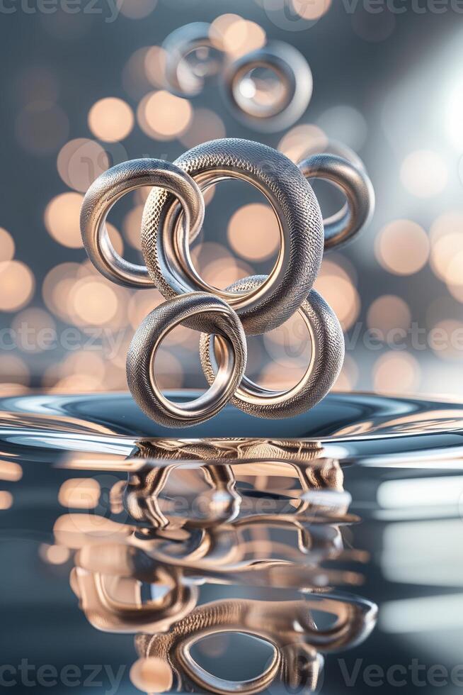 Silver rings floating gracefully above a reflective water surface with a blurred bokeh background in soft lighting photo