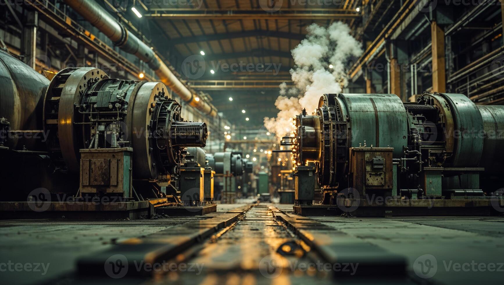 Industrial machinery operates in a large factory with steam and mechanical components visible during evening hours photo