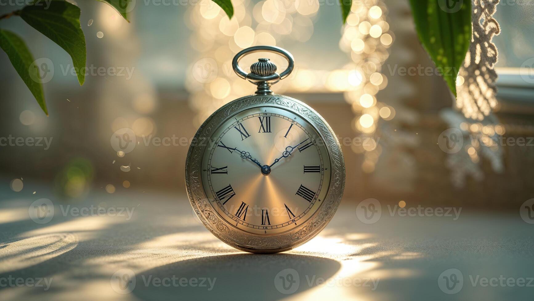 Vintage pocket watch resting on a table with sunlight and soft shadows creating a serene atmosphere photo