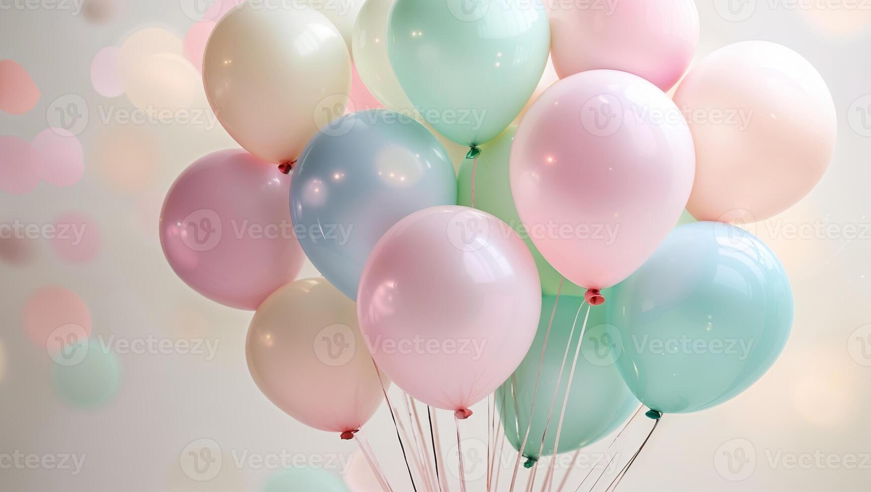 Colorful balloons in pastel shades elevate the festive atmosphere for celebrations or events in a soft light setting photo