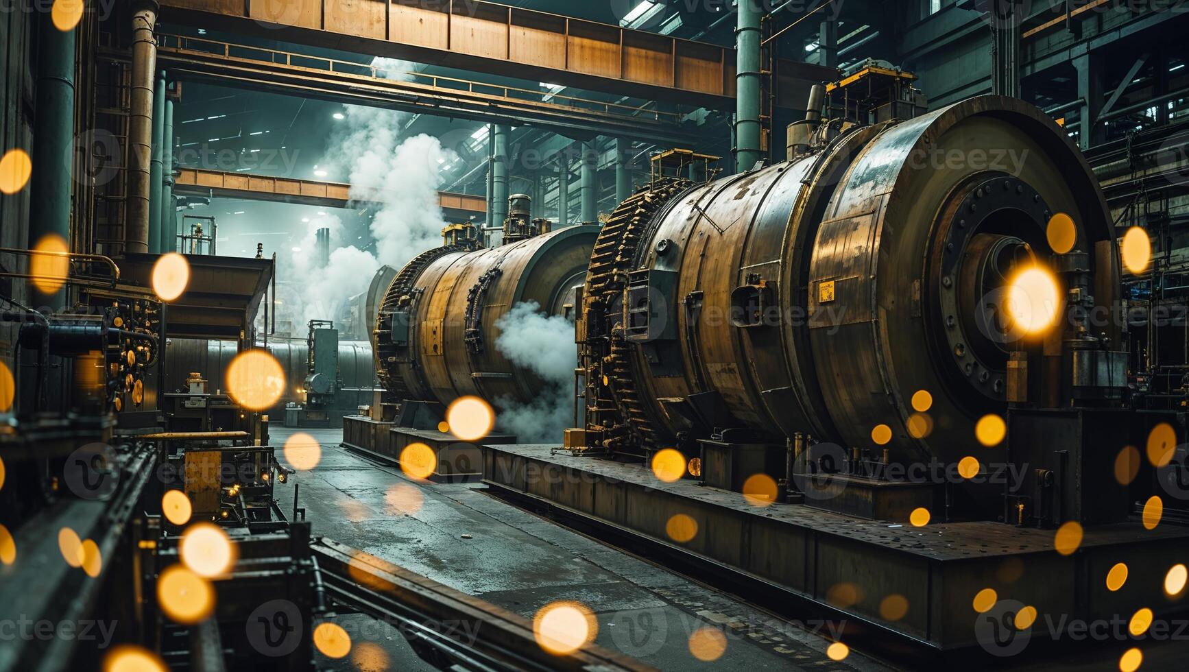Industrial facility with large machinery operating under dramatic lighting in an urban environment photo