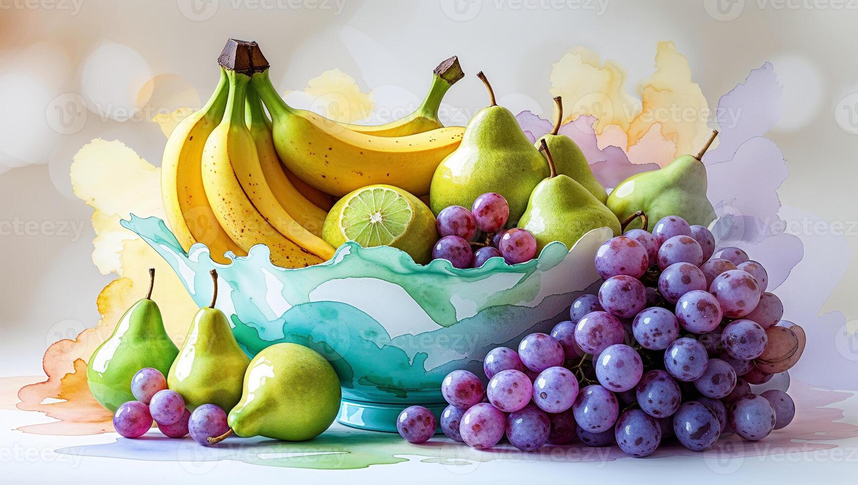 Colorful fruit arrangement in a decorative bowl featuring bananas, pears, and grapes against a soft background photo