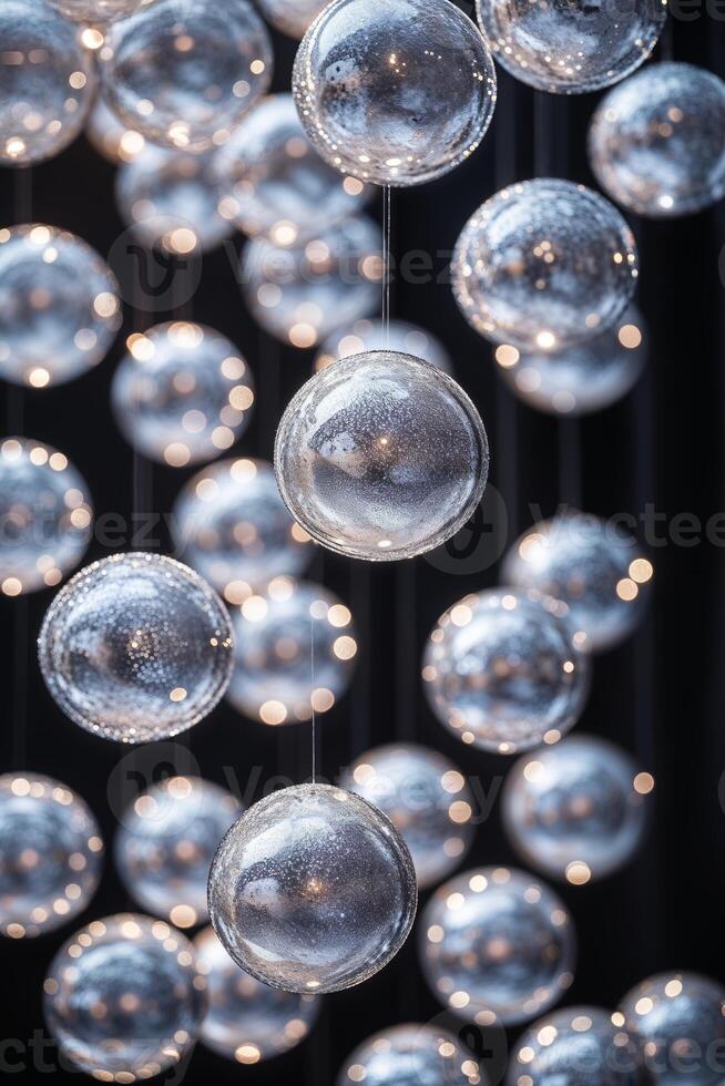 Decorative silver orbs suspended against a dark background create a mesmerizing light effect in an elegant setting photo