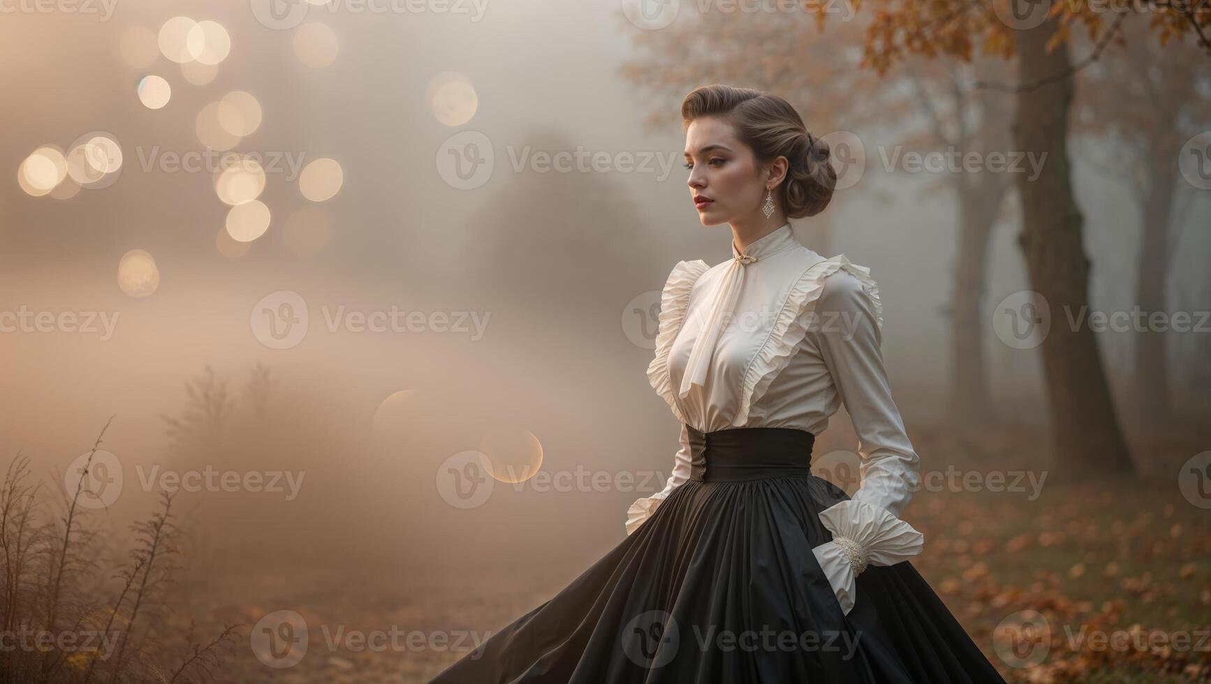 Elegant woman in historical attire stands in a foggy forest at dawn, surrounded by autumn foliage and soft, diffused light photo